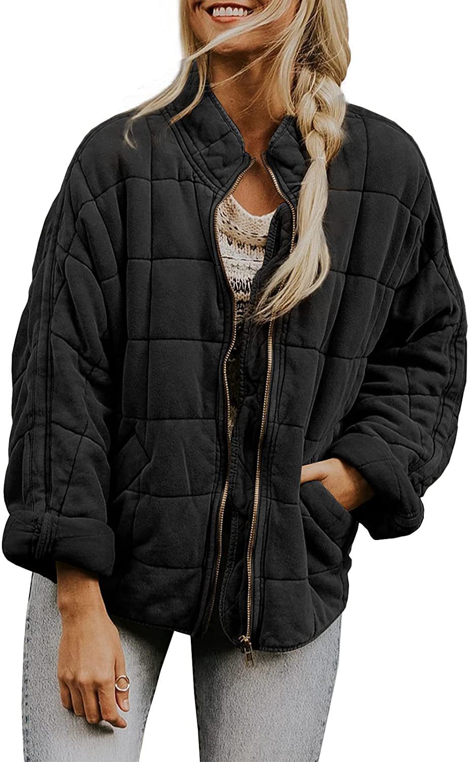 Women's Winter Zip-up Plaid Coat | Stand Collar Long Sleeve Jacket with Pockets