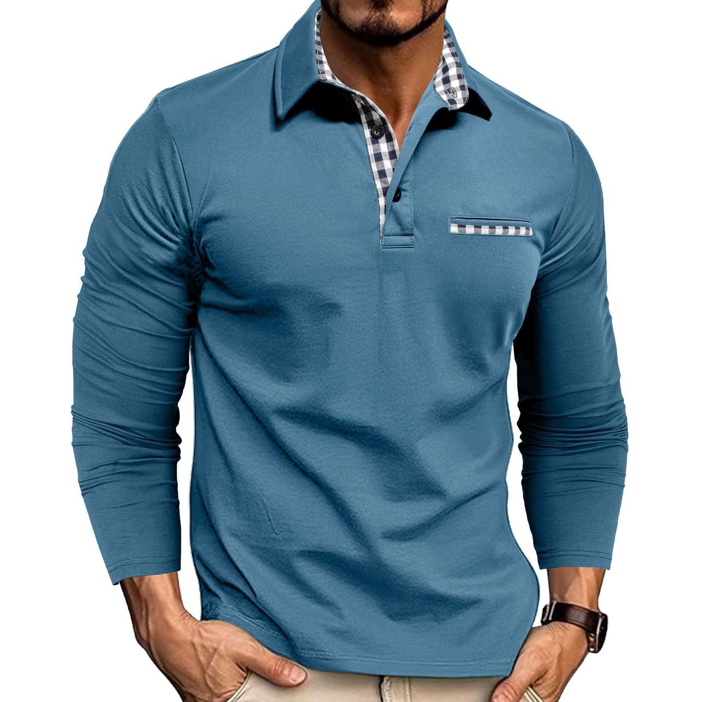 Men's Casual Plaid Lapel Polo Shirt | Long Sleeve Solid Color Top