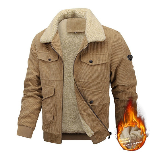 Men’s Winter Fleece Jacket – Warm Lapel Cotton Coat with Pockets