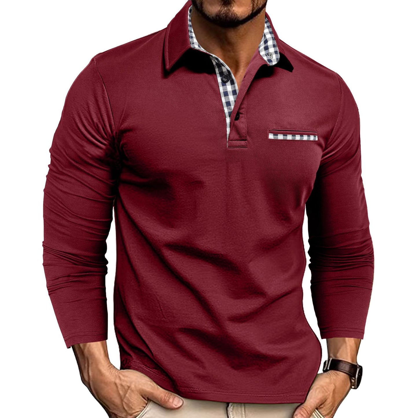 Men's Casual Plaid Lapel Polo Shirt | Long Sleeve Solid Color Top