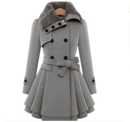 Women's Slim Woolen Mid-Length Coat | Double-Breasted Belted Padded Coat