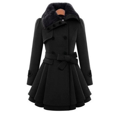 Women's Slim Woolen Mid-Length Coat | Double-Breasted Belted Padded Coat