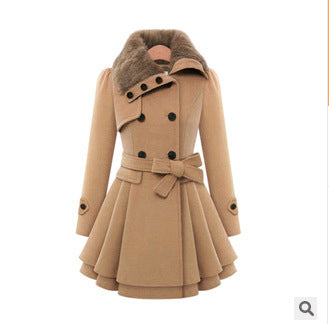 Women's Slim Woolen Mid-Length Coat | Double-Breasted Belted Padded Coat