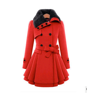 Women's Slim Woolen Mid-Length Coat | Double-Breasted Belted Padded Coat