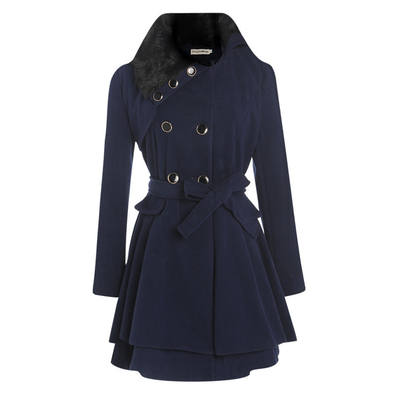 Women's Slim Woolen Mid-Length Coat | Double-Breasted Belted Padded Coat