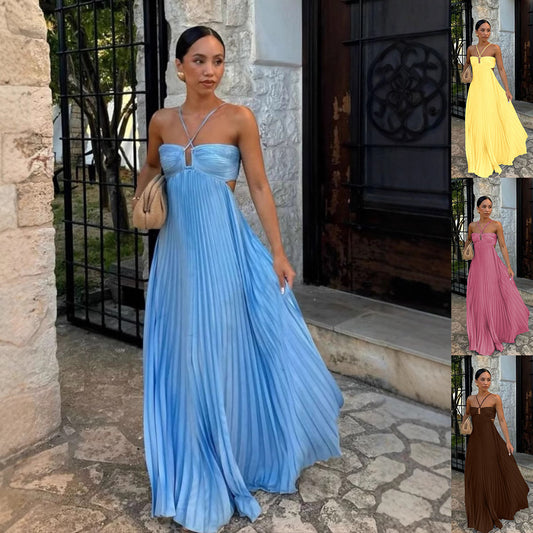 Women's Pleated Sleeveless Sling Dress | High Waist Halter Party Dress