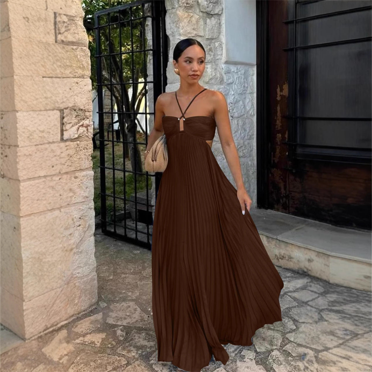 Women's Pleated Sleeveless Sling Dress | High Waist Halter Party Dress