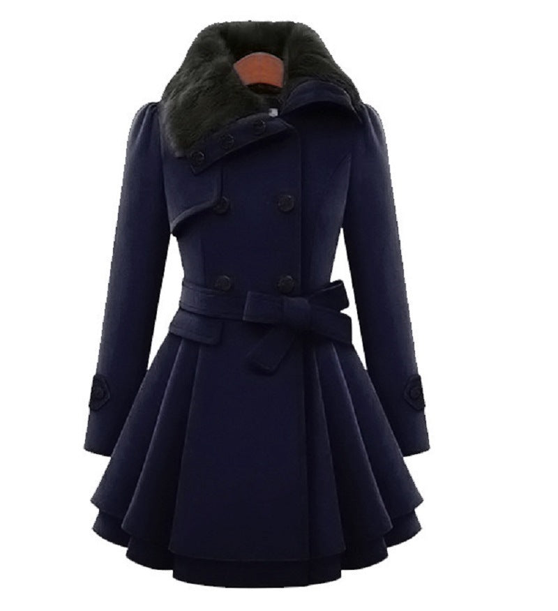 Women's Slim Woolen Mid-Length Coat | Double-Breasted Belted Padded Coat