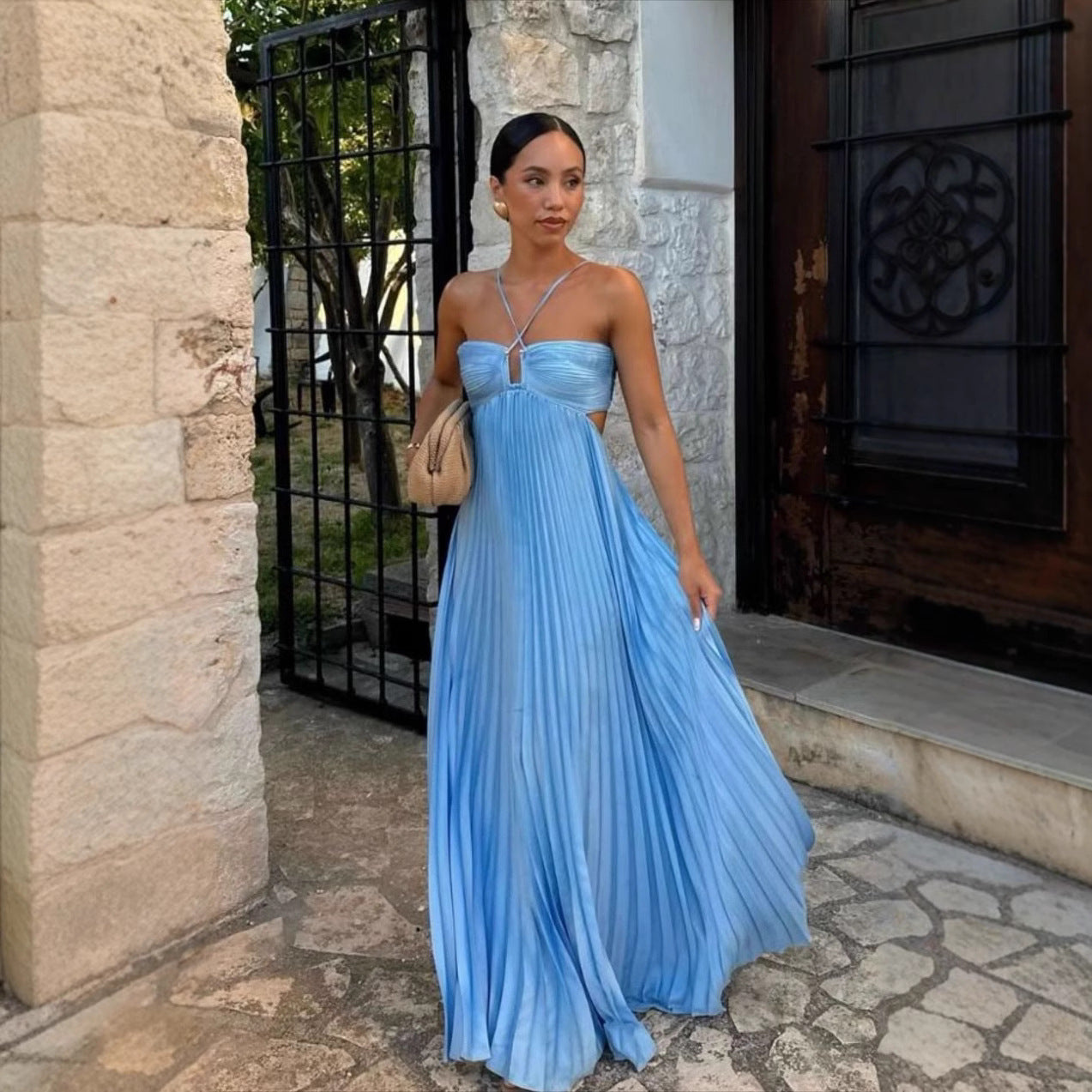 Women's Pleated Sleeveless Sling Dress | High Waist Halter Party Dress