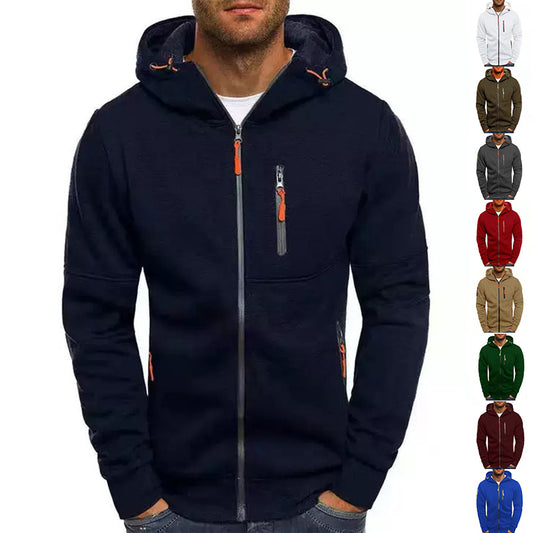 Men's Casual Zipper Hooded Sweater | Solid Color Sports Jacket