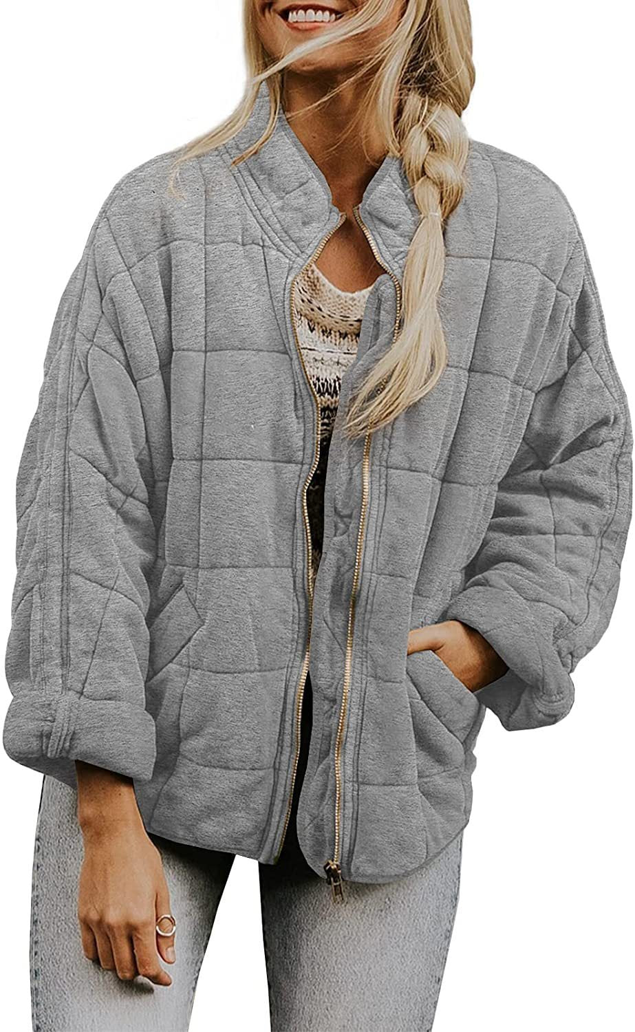 Women's Winter Zip-up Plaid Coat | Stand Collar Long Sleeve Jacket with Pockets