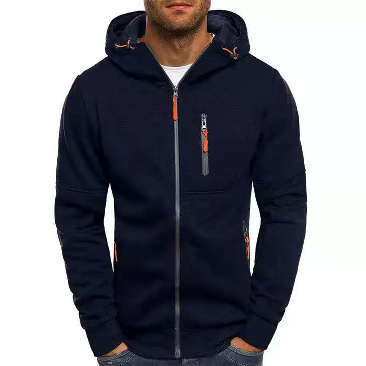 Men's Casual Zipper Hooded Sweater | Solid Color Sports Jacket