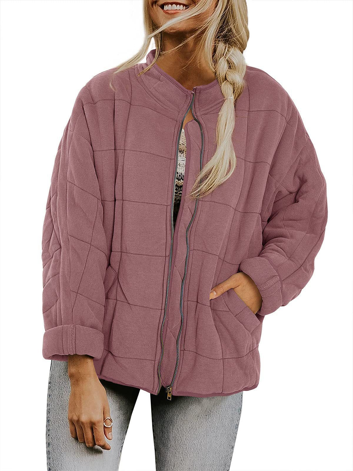 Women's Winter Zip-up Plaid Coat | Stand Collar Long Sleeve Jacket with Pockets