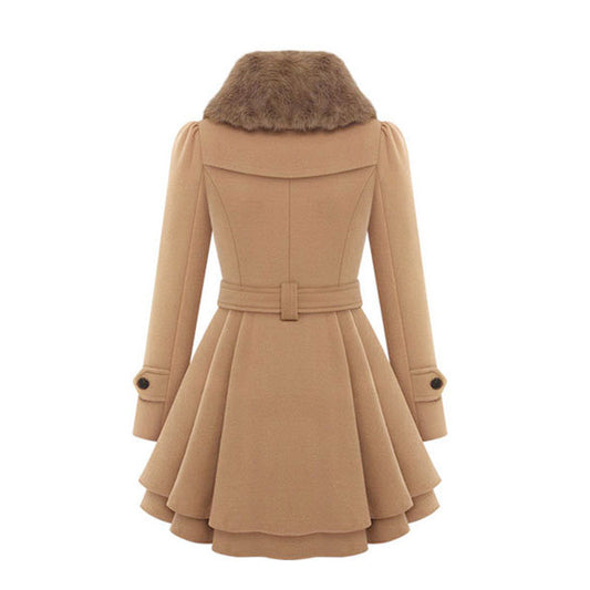 Women's Slim Woolen Mid-Length Coat | Double-Breasted Belted Padded Coat