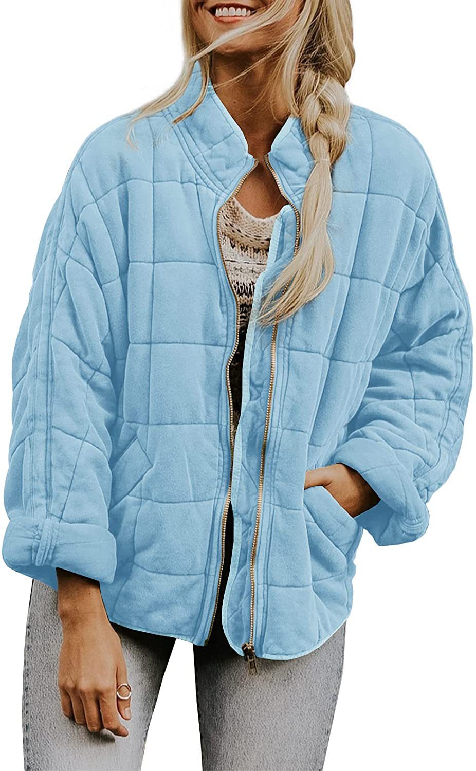 Women's Winter Zip-up Plaid Coat | Stand Collar Long Sleeve Jacket with Pockets