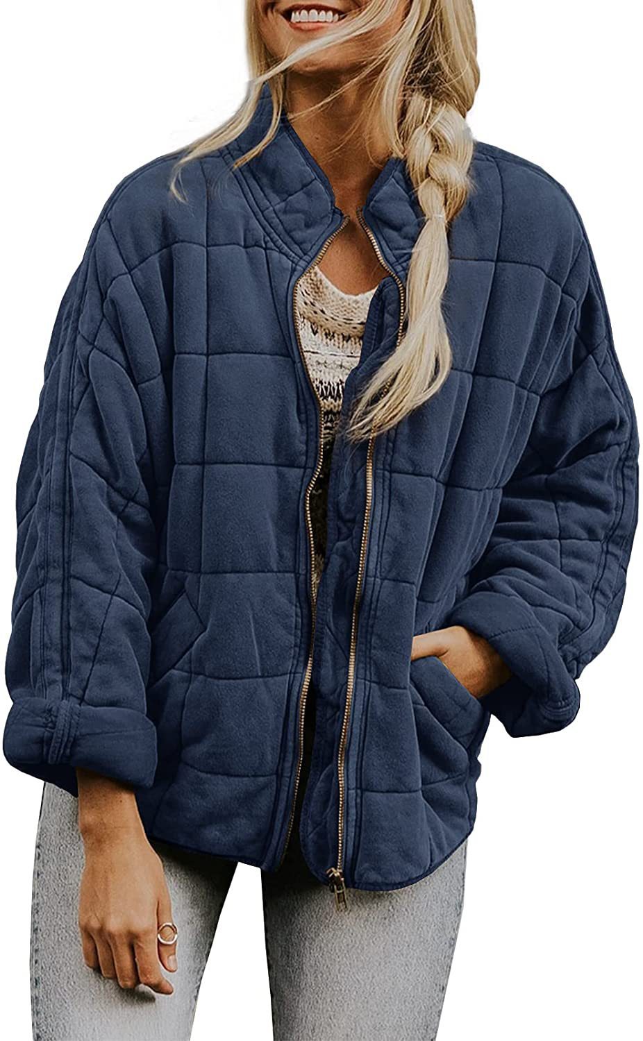Women's Winter Zip-up Plaid Coat | Stand Collar Long Sleeve Jacket with Pockets