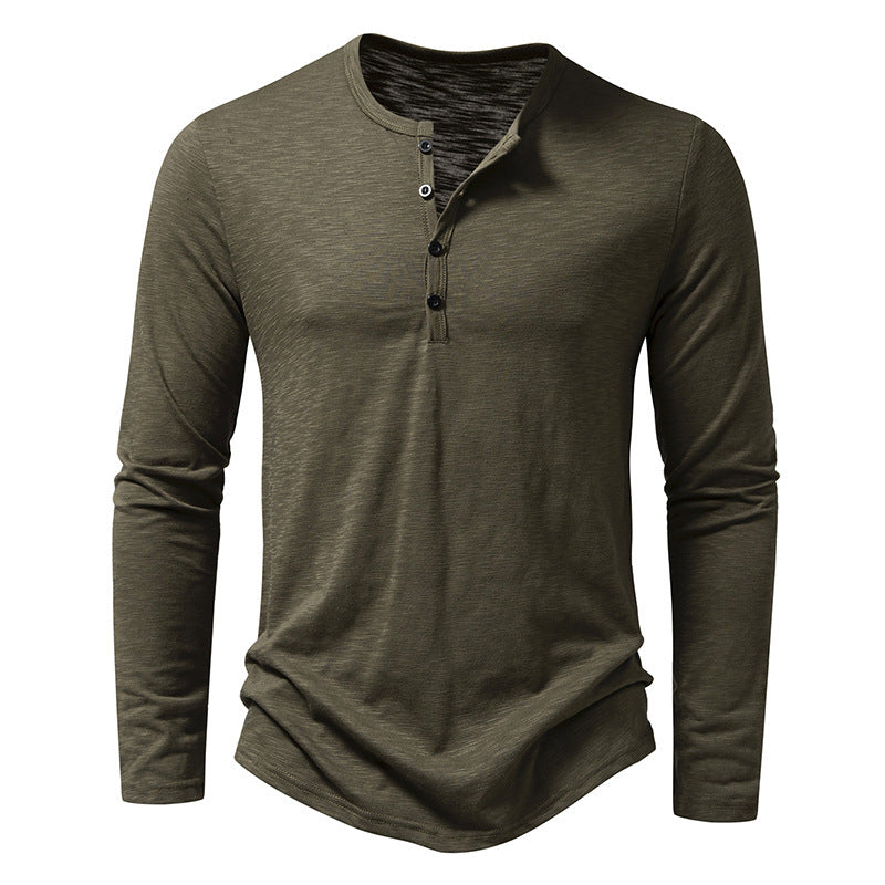 Men's Long-Sleeve Casual T-Shirt | Solid Color Pullover Button Top
