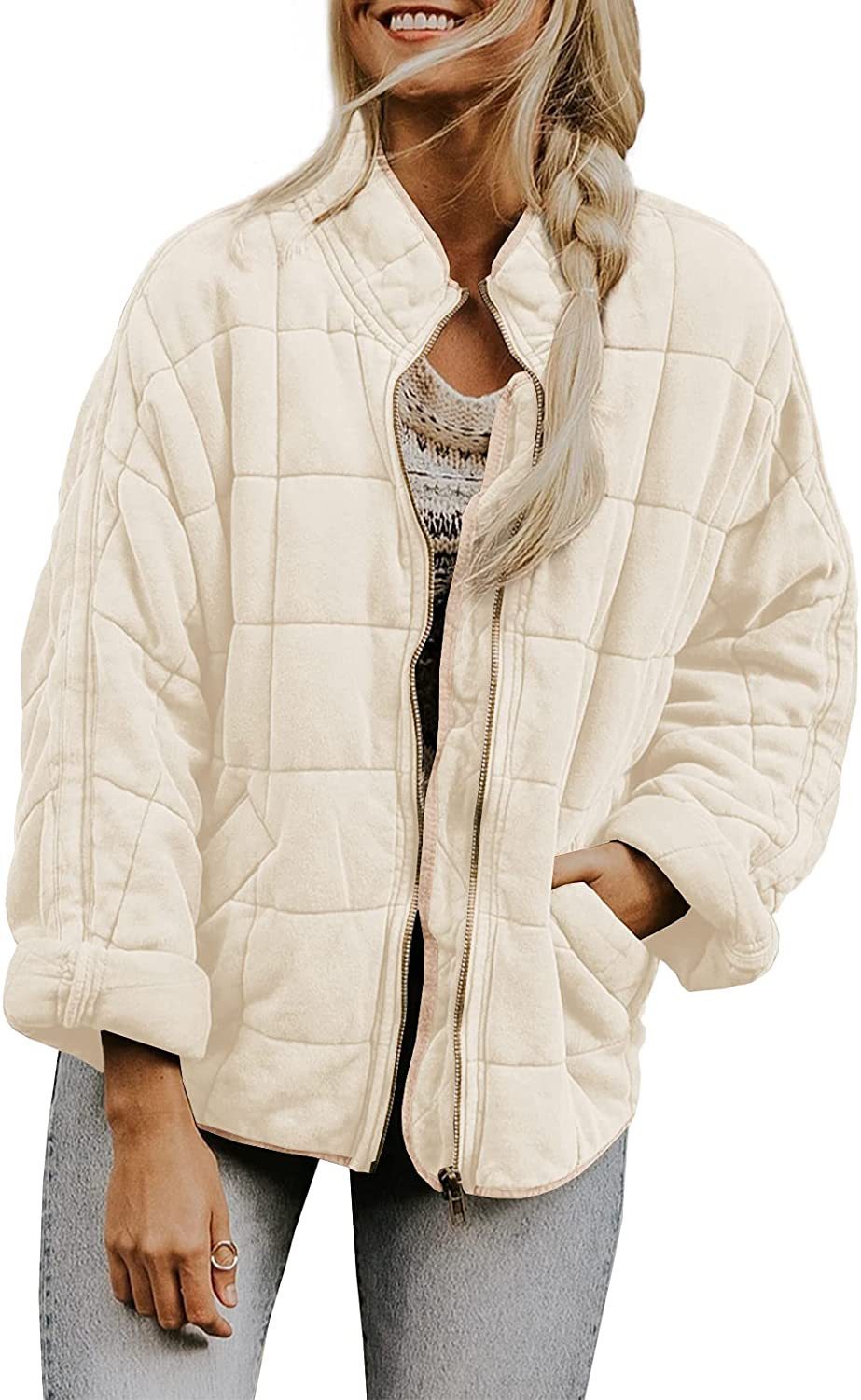 Women's Winter Zip-up Plaid Coat | Stand Collar Long Sleeve Jacket with Pockets