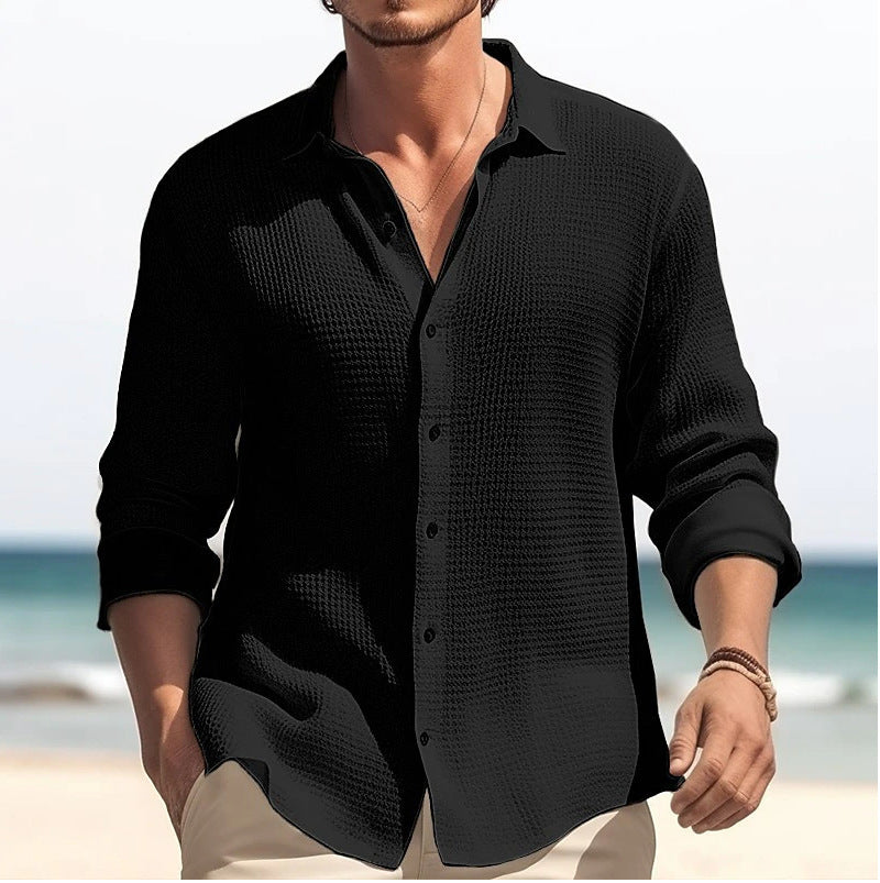 Men's Lapel Long Sleeve Shirt | Solid Single-Breasted Tops for Fall & Spring