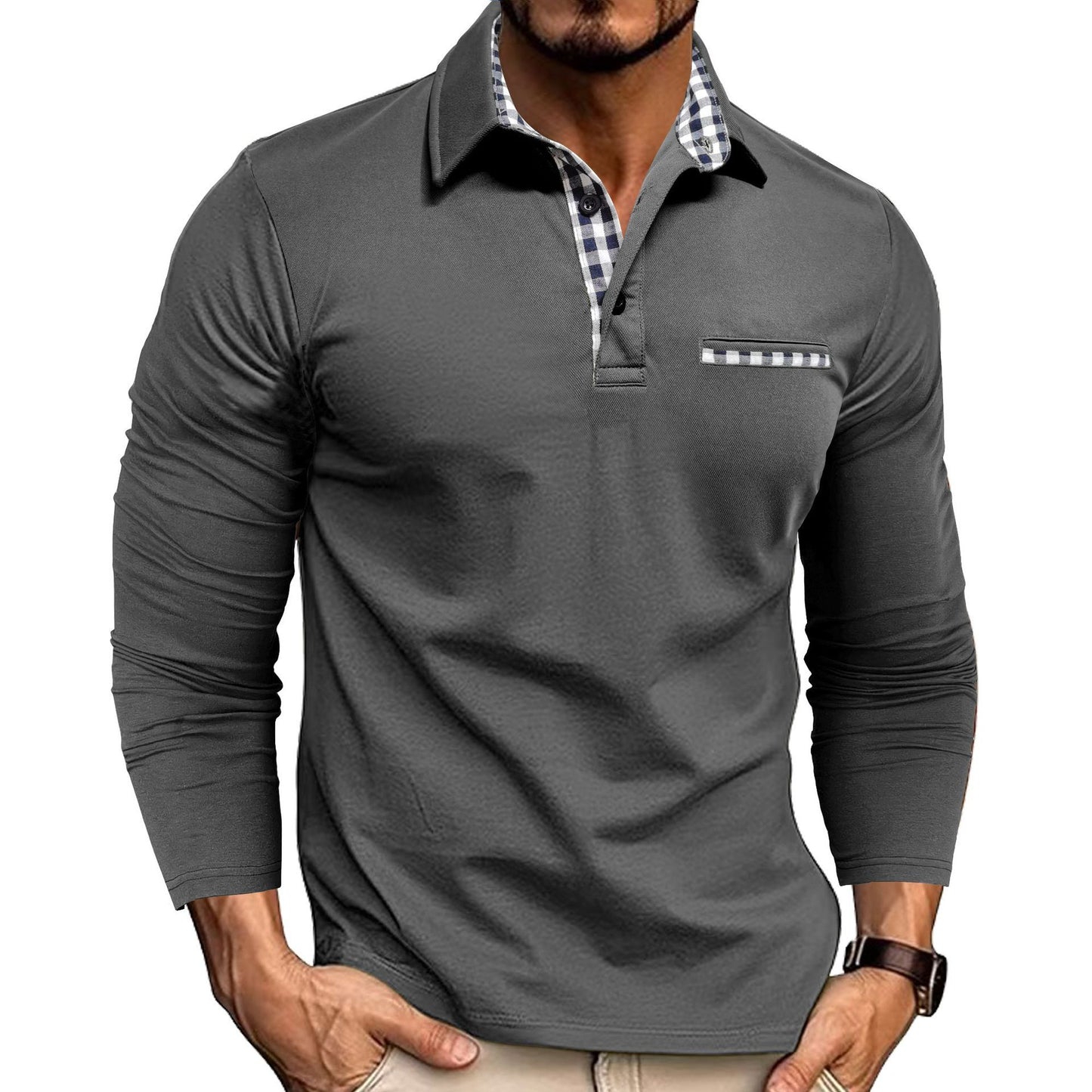 Men's Casual Plaid Lapel Polo Shirt | Long Sleeve Solid Color Top