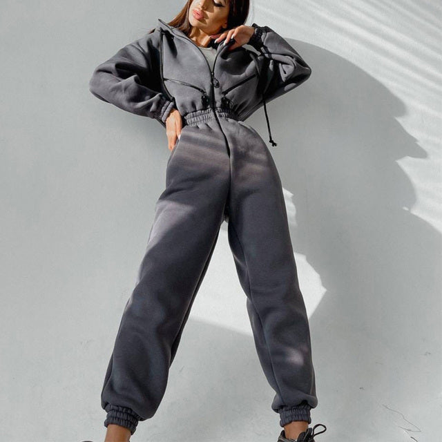 Women's Casual Two-Piece Hoodie Set | Zipper & Drawstring Outfit