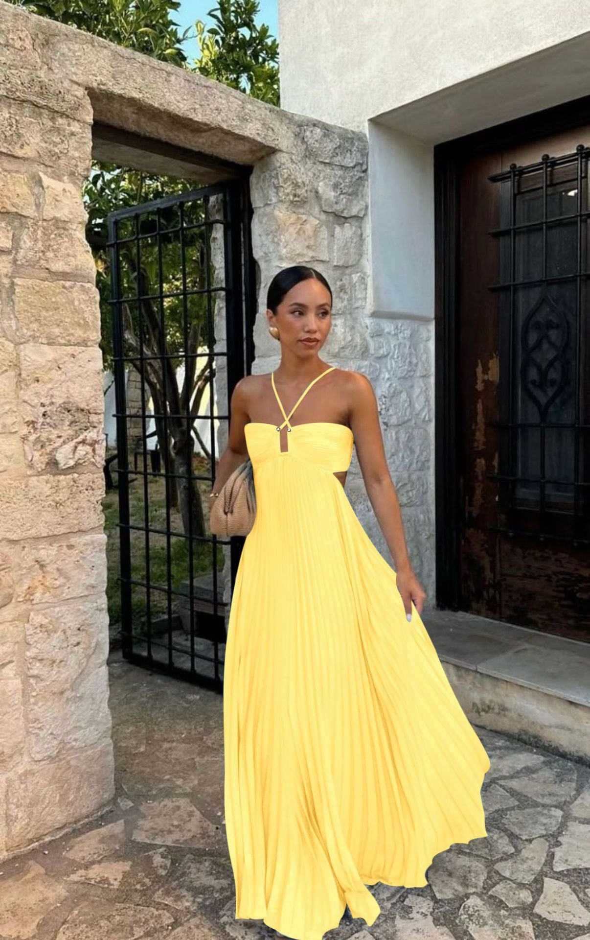 Women's Pleated Sleeveless Sling Dress | High Waist Halter Party Dress