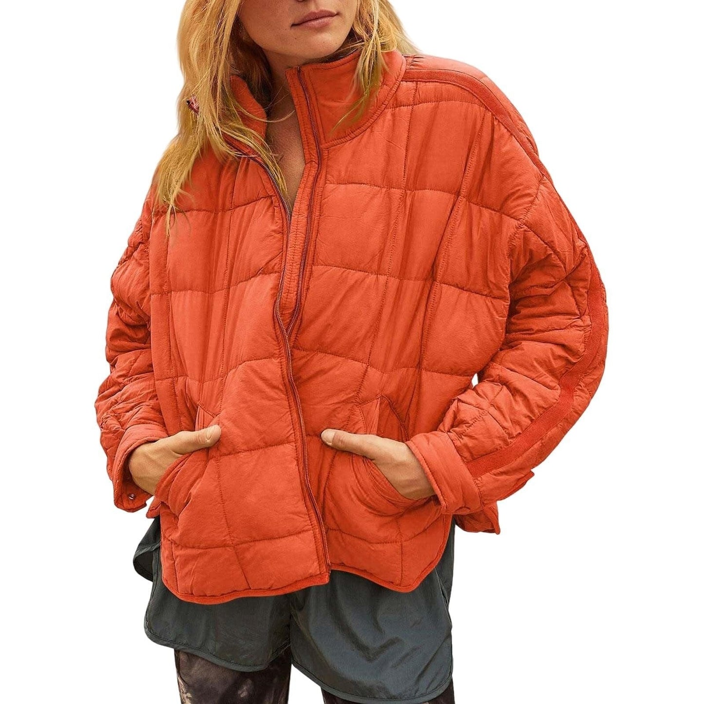 Women's Winter Zip-up Plaid Coat | Stand Collar Long Sleeve Jacket with Pockets