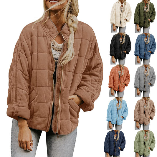 Women's Winter Zip-up Plaid Coat | Stand Collar Long Sleeve Jacket with Pockets
