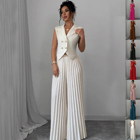 Women’s Summer Sleeveless Suit Set – Lapel Vest Top & Pleated Straight Pants