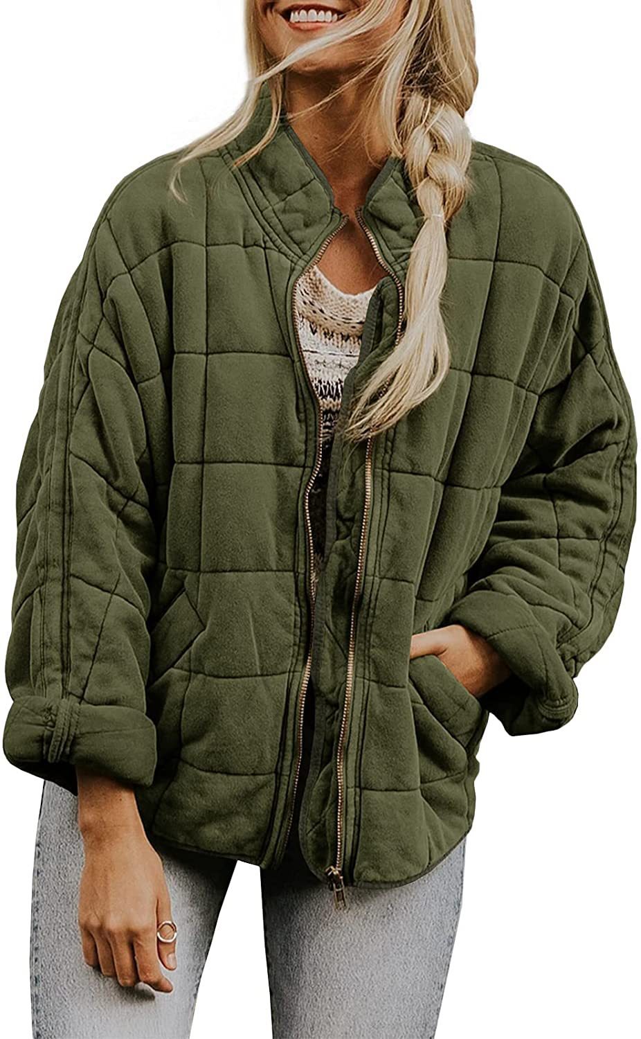 Women's Winter Zip-up Plaid Coat | Stand Collar Long Sleeve Jacket with Pockets