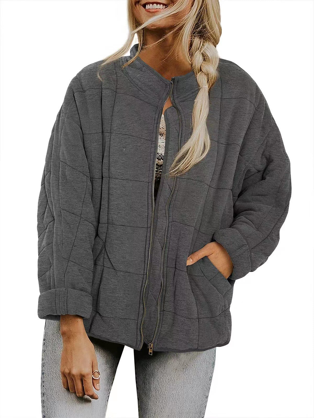 Women's Winter Zip-up Plaid Coat | Stand Collar Long Sleeve Jacket with Pockets