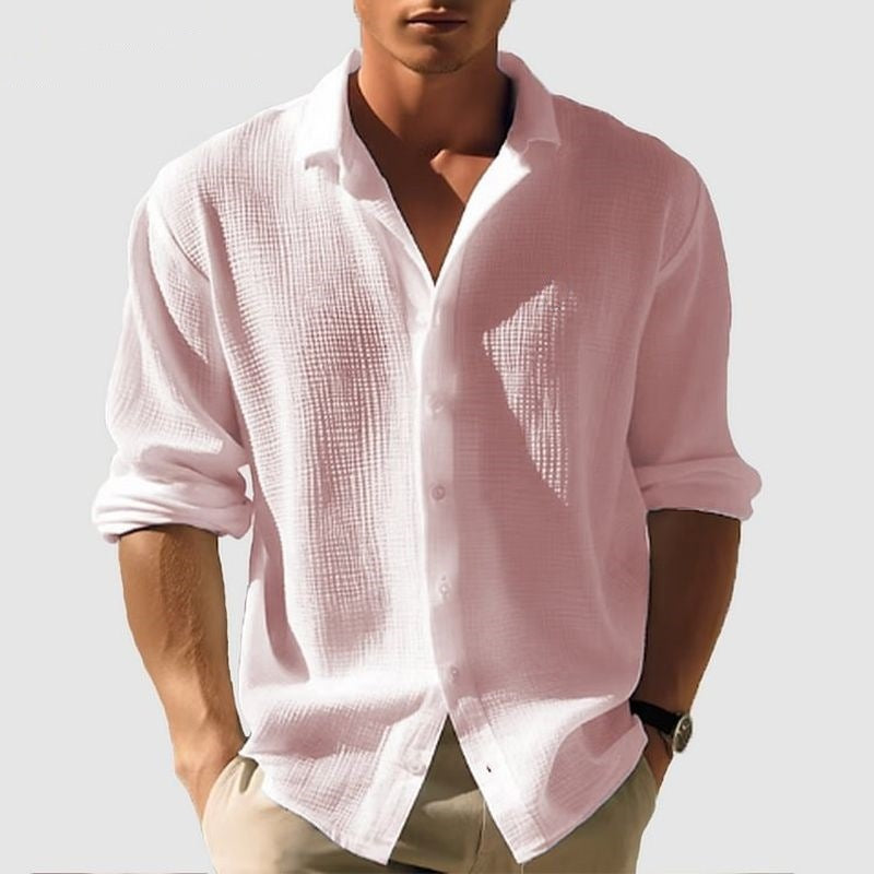 Men's Lapel Long Sleeve Shirt | Solid Single-Breasted Tops for Fall & Spring