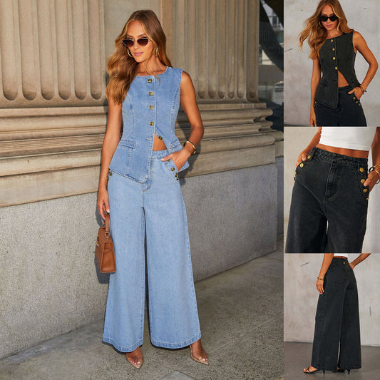Women’s Denim Vest Suit Set – Sleeveless Button Top & Wide-Leg Pants with Pockets