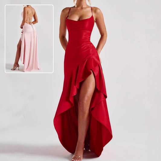 Women’s Backless Ruffle Maxi Dress – Summer Split Evening Party Wear