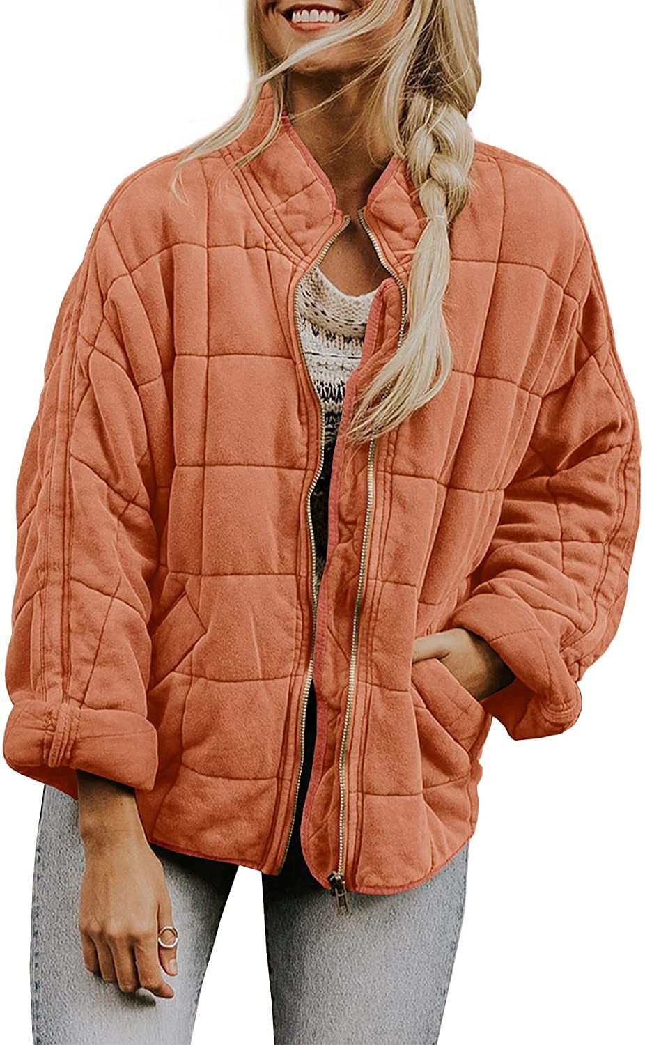 Women's Winter Zip-up Plaid Coat | Stand Collar Long Sleeve Jacket with Pockets
