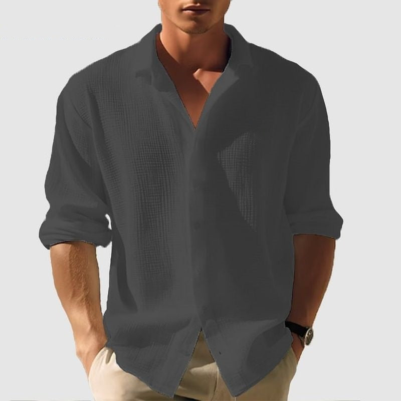Men's Lapel Long Sleeve Shirt | Solid Single-Breasted Tops for Fall & Spring