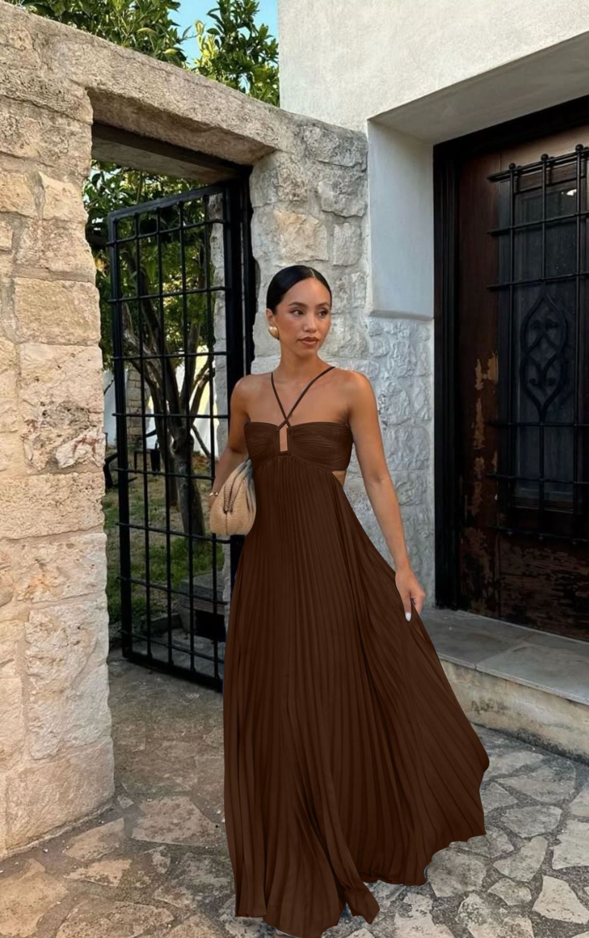Women's Pleated Sleeveless Sling Dress | High Waist Halter Party Dress