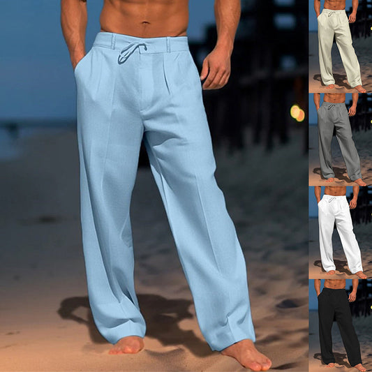 Men’s Casual Wide-Leg Drawstring Pants – Straight Fit Trousers with Pockets