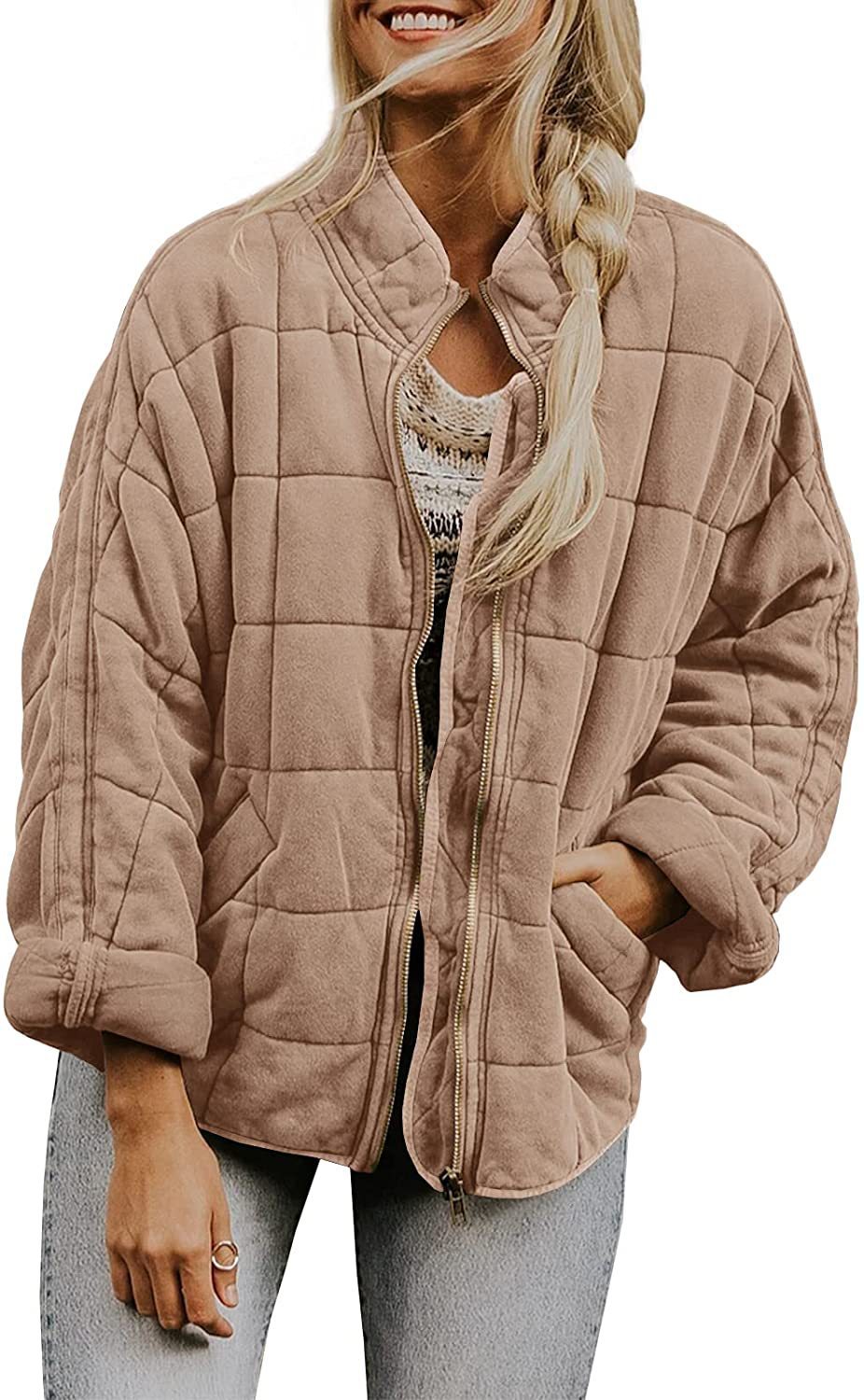 Women's Winter Zip-up Plaid Coat | Stand Collar Long Sleeve Jacket with Pockets