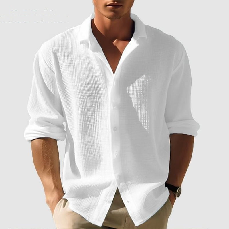 Men's Lapel Long Sleeve Shirt | Solid Single-Breasted Tops for Fall & Spring