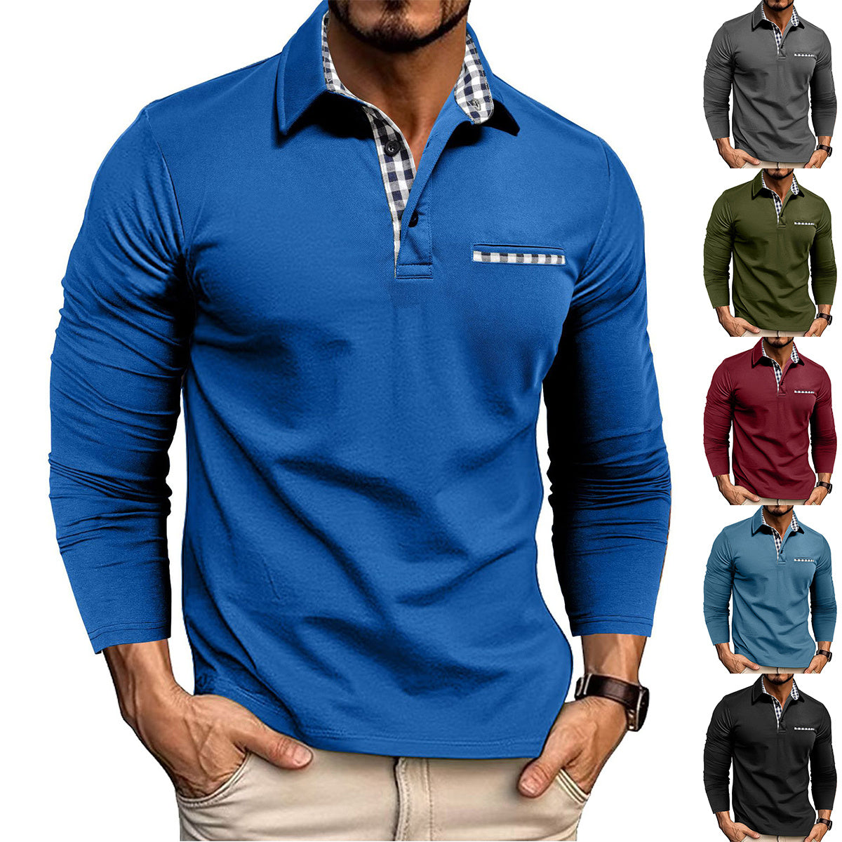 Men's Casual Plaid Lapel Polo Shirt | Long Sleeve Solid Color Top
