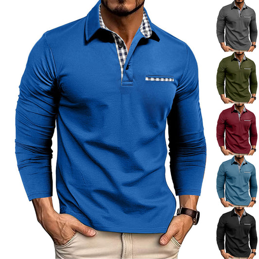 Men's Casual Plaid Lapel Polo Shirt | Long Sleeve Solid Color Top