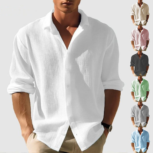 Men's Lapel Long Sleeve Shirt | Solid Single-Breasted Tops for Fall & Spring