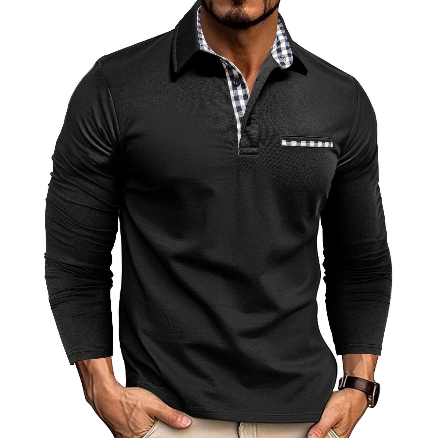 Men's Casual Plaid Lapel Polo Shirt | Long Sleeve Solid Color Top