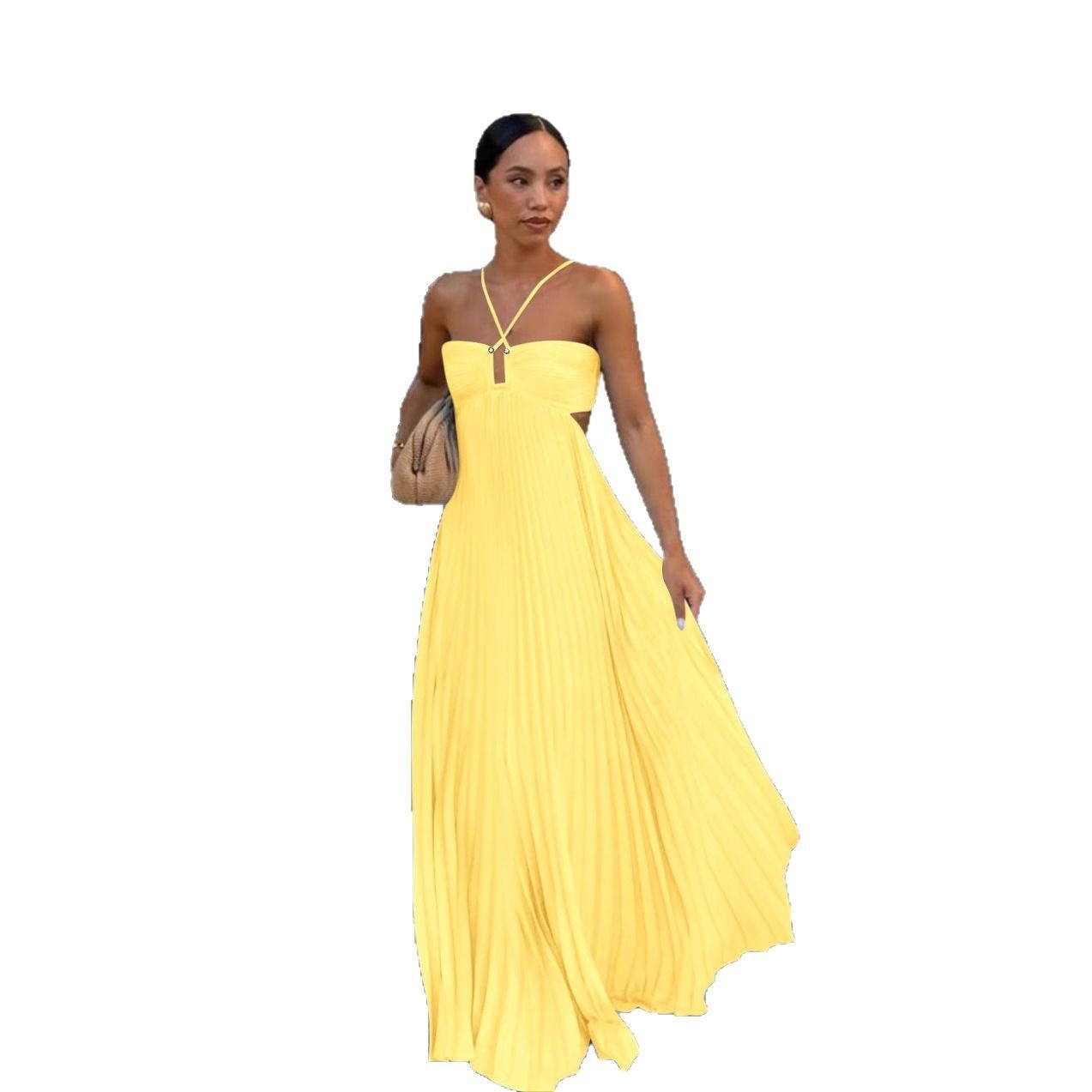 Women's Pleated Sleeveless Sling Dress | High Waist Halter Party Dress