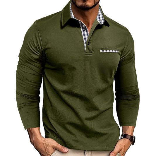 Men's Casual Plaid Lapel Polo Shirt | Long Sleeve Solid Color Top
