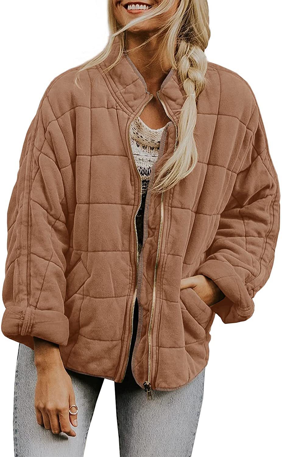 Women's Winter Zip-up Plaid Coat | Stand Collar Long Sleeve Jacket with Pockets