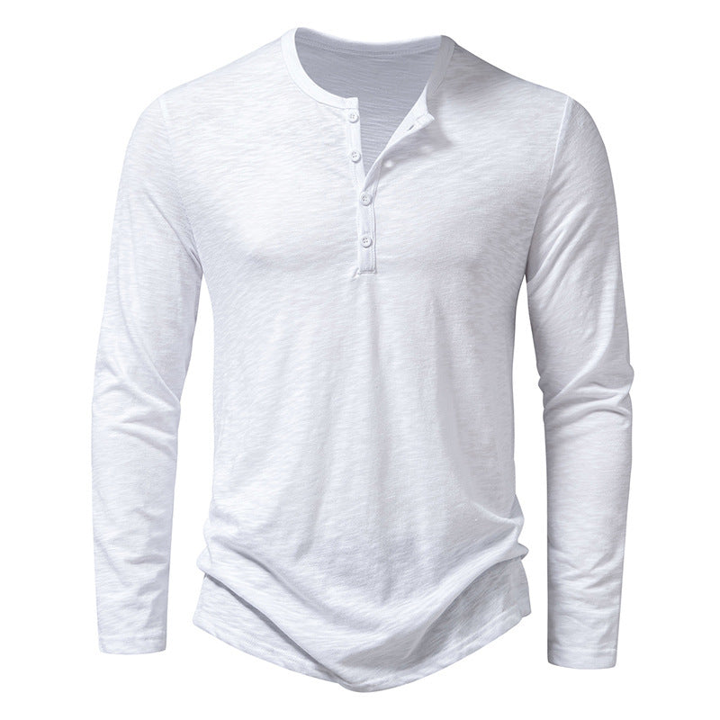 Men's Long-Sleeve Casual T-Shirt | Solid Color Pullover Button Top