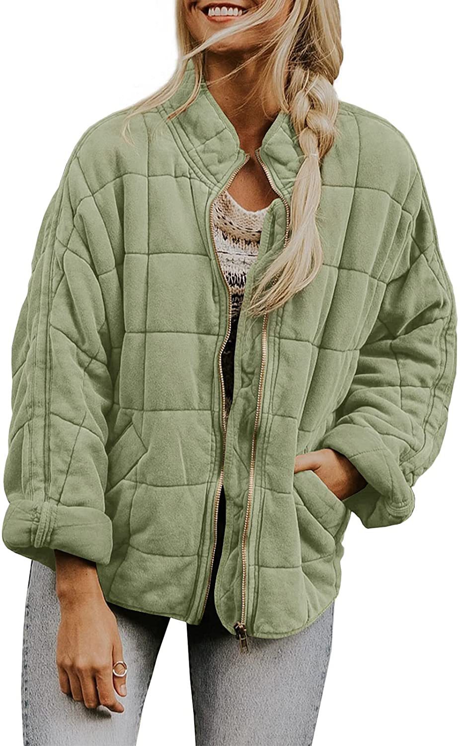 Women's Winter Zip-up Plaid Coat | Stand Collar Long Sleeve Jacket with Pockets