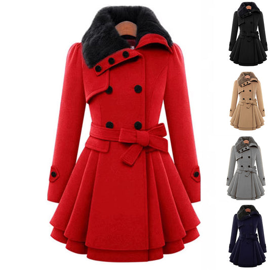 Women's Slim Woolen Mid-Length Coat | Double-Breasted Belted Padded Coat